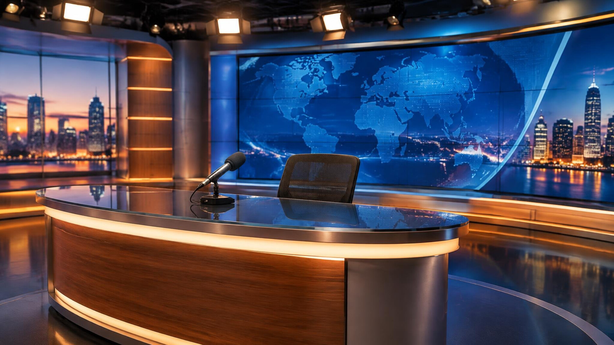 Television studio with microphone and broadcast lights